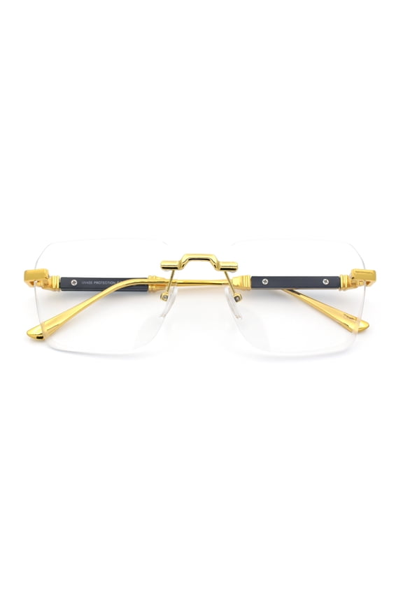 Retro Gangster Rapper Luxury Clear Lens Rimless Rectangle Fashion Eyeglasses Gold Black