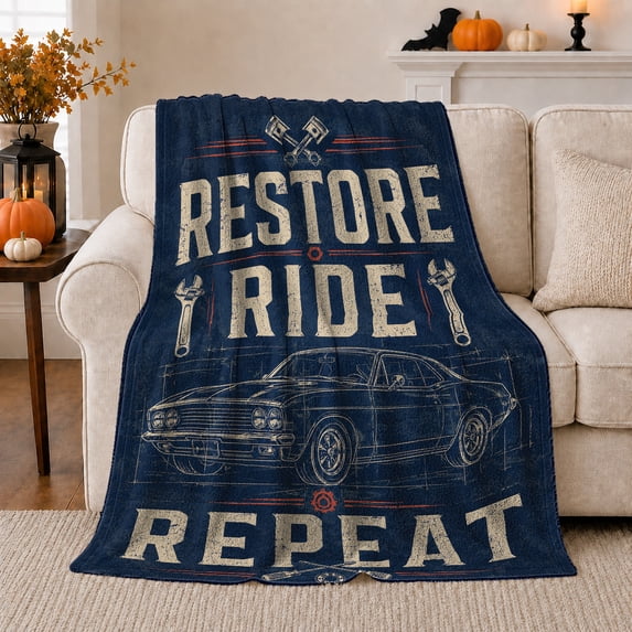 Retro Garage Classic Muscle Car Restore Ride Repeat, Cozy Typography Art Scene, Warm Flannel Blanket for Living Room and Reading Nook, Art Lovers Father's Day Gift, Artistic Home Decor