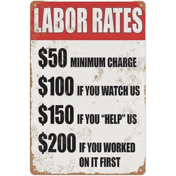 Retro Garage Metal Tin Sign Labor Rates Wall Poster, Vintage Mechanic Shop Humor Decor for Workshop, Auto Repair or Man Cave, 8 x 12 Inch