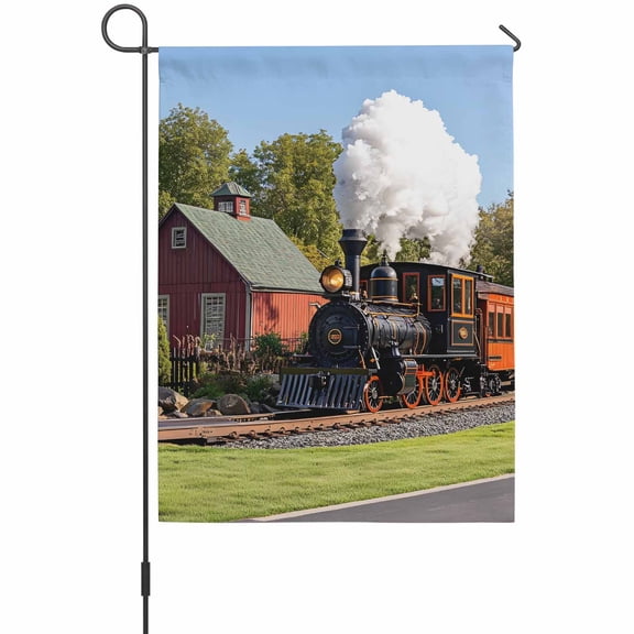 Retro Garden Flag 12x18 Inch Train Motor Vehicle Building Sky Grass Country Scenery Double Sided Outdoor Garden Flags Welcome House Flag Decorative Yard Flags for Outside Holiday Decoration