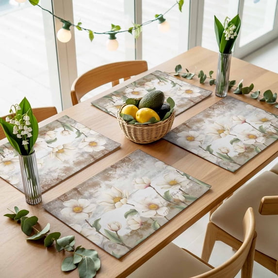 Retro Garden Flower Leaves Placemats Set of 4,Wipeable Washable Table Mats for Dining Tables, Postcard Shabby Texture Place Mats for Kitchen Event Party Tabletop Decor