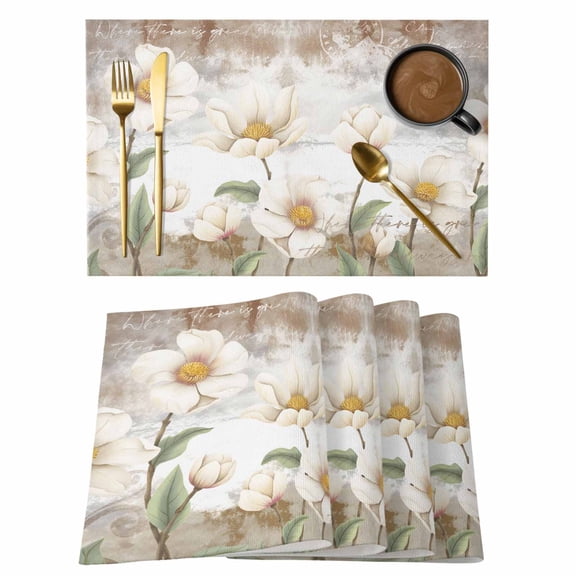 Retro Garden Flower Leaves Placemats Set of 6,Wipeable Washable Table Mats for Dining Tables, Postcard Shabby Texture Place Mats for Kitchen Event Party Tabletop Decor
