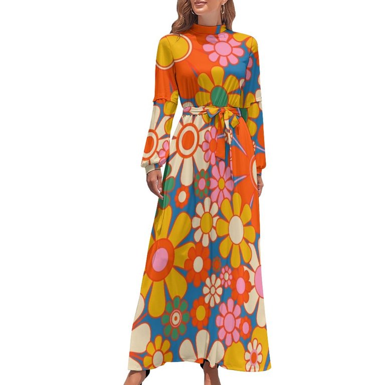 Retro Garden Flowers Colorful 60s 70s 90s Floral Pattern Blue