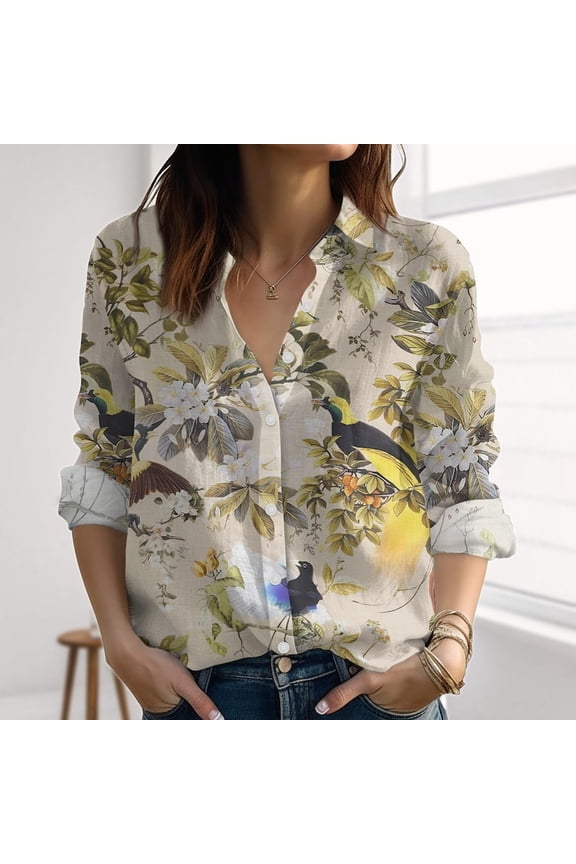 Retro Garden Linen-Look Shirt, Birds And Flowers Blouse Shirt, Botanical Women Shirt, Vintage Floral Shirt, Summer Gift For Her, Button Up Shirt, Blouses Tops Women, Gift for Mother