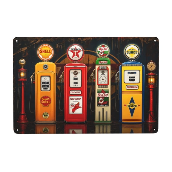 Retro Gas Pump Metal Wall Decor Sign 8x12 Inch - Vintage Style Iron Plaque with Shell, Texaco, Sky Chief, Blue Sunoco Themes, Perfect for Garage, Bar, Cafe, Man Cave, Indoor Outdoor Use