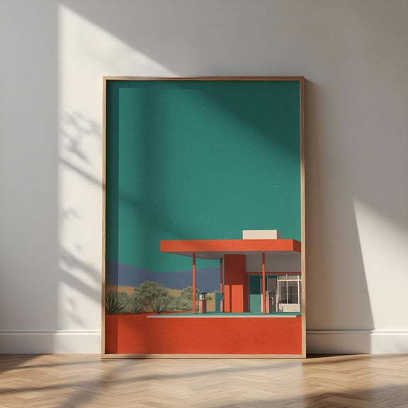 Retro Gas Station Art Print Mid Century Modern Southwestern Decor Unframed Paper Print