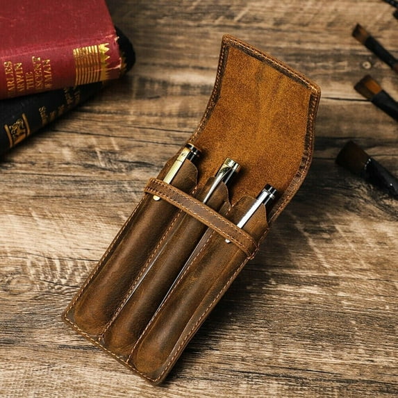 Retro Genuine Leather 3 Slot Hard Fountain Pen Case Box Stationery Storage Pouch USA
