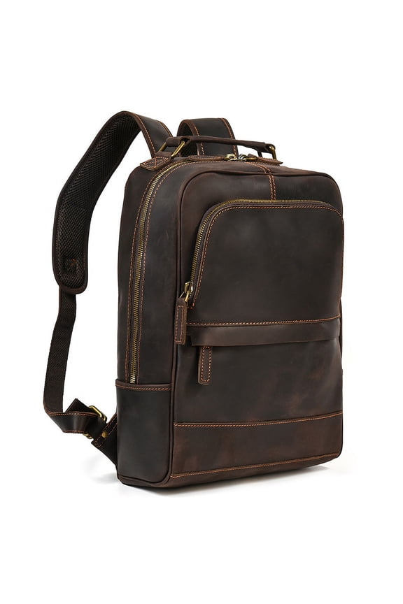 Retro Genuine Leather Backpack Men's Large-capacity Student First Layer Cowhide Travel,Dark brown