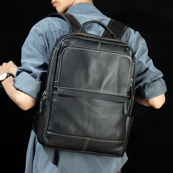 Retro Genuine Leather Casual Top Layer Cowhide Handmade Business Computer Backpack,Black