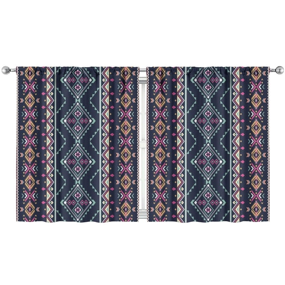 Retro Geometric 2-PC Kitchen Curtains - Vintage Hippie Style 52x63" Rod Pocket Café Curtains, Easy Install