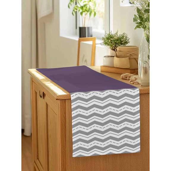 Retro Geometric Abstract Wavy Table Runner 13x90in Non-Slip Cotton Linen Table Runners, Purple Grey Zigzag Chevron Dresser Scarves TableRunner for Dinner Kitchen Dining Wedding Party