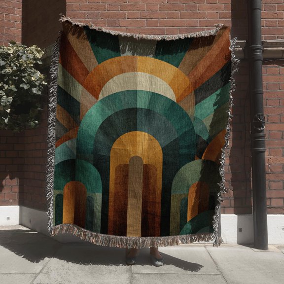 Retro Geometric Arches and Sunburst Teal Rust Woven Throw Blanket, 100% Cotton, Mid-Century Living Room Style