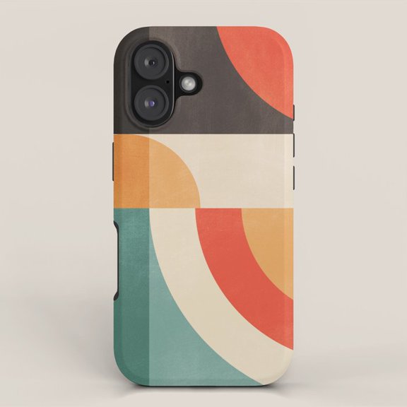 Retro Geometric Arcs in Coral, Teal and Cream Tough iPhone Case, Polycarbonate and TPU