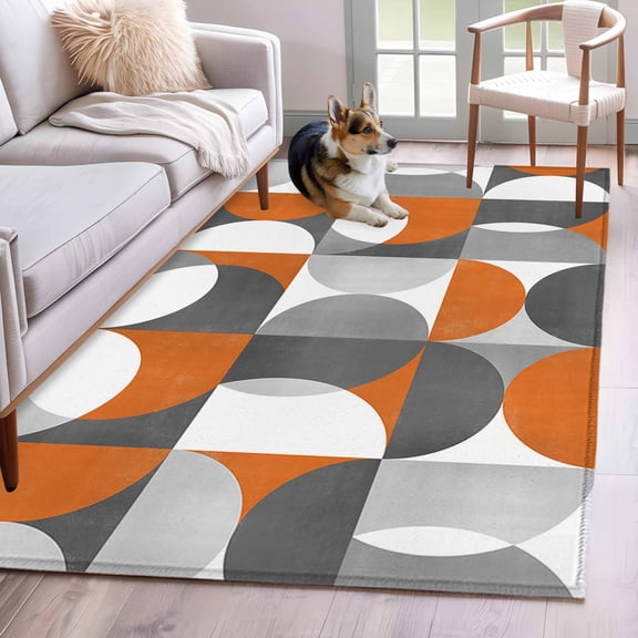 Retro Geometric Area Rugs 4x6 ft Art Decor Orange Gray Semicircle Washable Rug Non Slip Indoor Carpet Absorbent Floor Mat for Living Room Bedroom Dining Room