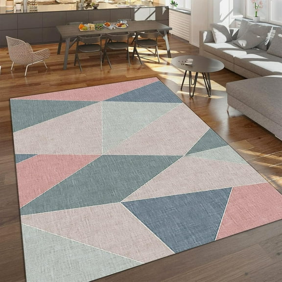 Retro Geometric Art Area Rug, Pink Blue Grey Geometric Triangle Rhombus Pattern Print Carpet, Indoor Non-Slip Rugs For Room Sofa Living Room Mat Bedroom Home Decor Floor Mats 1x2ft