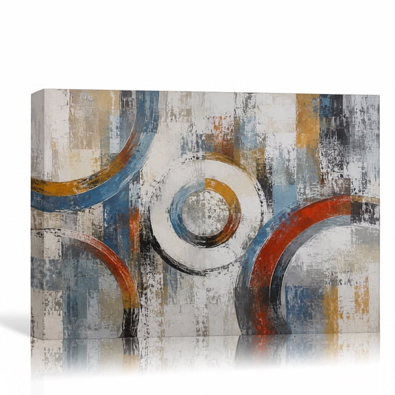 Retro Geometric Circle Abstract Blue Red Mustard Modern Painting Gallery Wrapped Canvas Wall Art for Living Room Bedroom Office Decor 12"L x 8"W