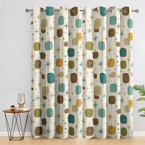 Retro Geometric Curtains for Bedroom Decor, Vintage Rounded Squares Pattern Design Blackout Drapes, Mid Century Modern Curtains for Living Room 53"W x 96"L (Pack of 2)