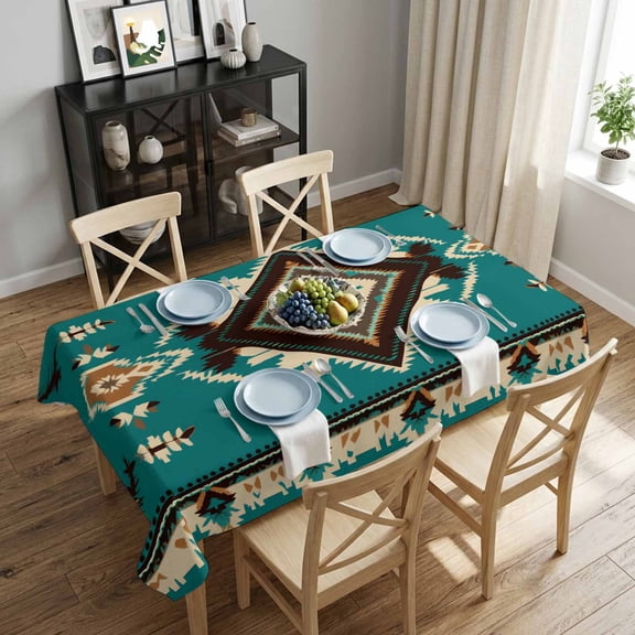 Retro Geometric Green Black Texture Rectangle Tablecloth 52x70 Inch Floral Ethnic Style Waterproof Polyester Tablecloth for Dining Table, Washable Table Cover for Kitchen Dining Room Wedding