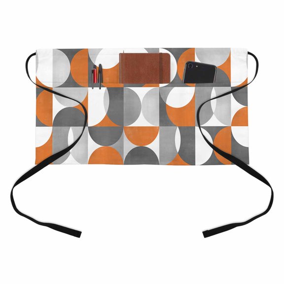 Retro Geometric Kitchen Restaurant Half Waist Apron, Art Decor Orange Gray Semicircle Server Short Apron with 3 Pockets Waterproof Oil Waist Aprons for Women Waitress Waiter