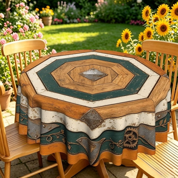 Retro Geometric Octagon Patchwork Pattern Round Tablecloth, Multi Size, 2D Printed Table Cover for Kitchen Garden Holiday Party Dining Decor
