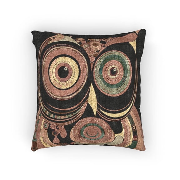 Retro Geometric Owl in Red, Orange and Gold Decorative Woven Pillow, Cotton-Polyester, Eclectic Style