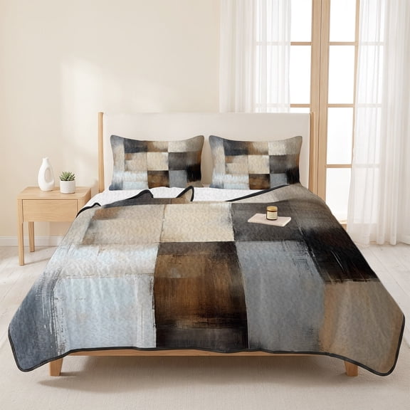Retro Geometric Patchwork 3 Pieces Quilt Set,1 Quilt with 2 Shams,Khaki Brown Plaid Artwork Bedspread Soft Lightweight Bedding Coverlet Comforter Set for All Season 96"x106"