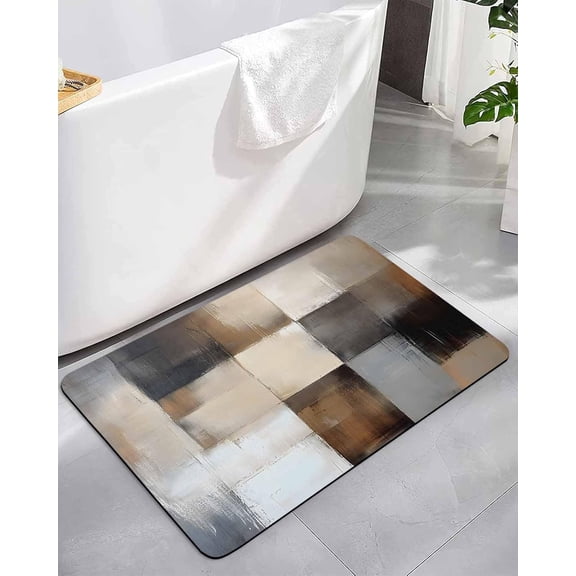 Retro Geometric Patchwork Bathroom Rug Diatomaceous Earth Bath Mat,Absorbent Shower Mat Non-Slip Doormat for Kitchen Bedroom, Khaki Brown Plaid Artwork Diatomite Stone Mats 16x24in