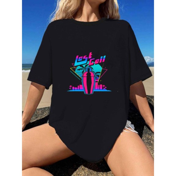 Retro Geometric Print T-Shirt - Soft Cotton Women's Top with Subtle Neon Motif, Relaxed Fit for Casual Wear