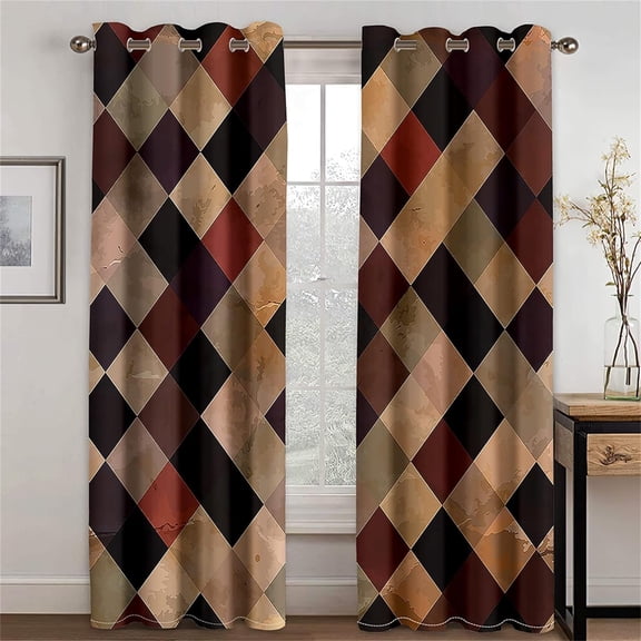 Retro Geometric Rhombus Pattern Blackout Curtains, 3D Printed Curtains, 2 Panels Window Curtains, Grommet Thermal Insulated Window Curtain for Bedroom Living Room-42"W x 45"L (Pack of 2)