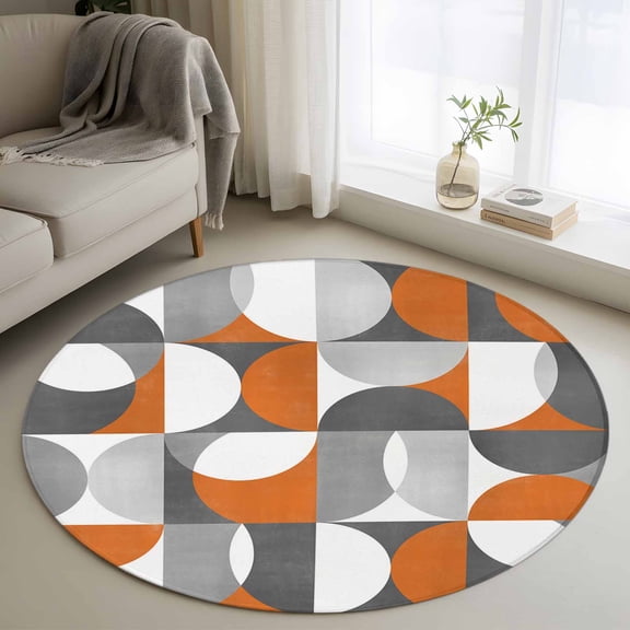 Retro Geometric Round Rugs for Living Room 3ft Art Decor Orange Gray Semicircle Non Slip Circle Rug Washable Low-Profile Indoor Carpet for Bedroom, Dining Room, Bathroom