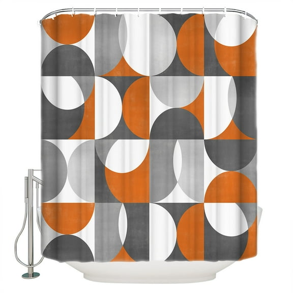 Retro Geometric Shower Curtain, 72" x 72", Art Decor Orange Gray Semicircle Waterproof Bathroom Curtain Washable Shower Curtain Set with 12 Hooks