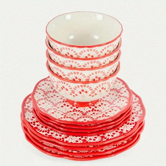 Retro Geometric Tableware Set, 12pcs, Pure Red Embellishment, Enhance The Home Style: Pottery Material, Dishwasher And Microwave Safe