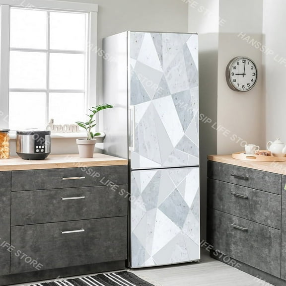 Retro Geometric Triangle Pattern Refrigerator Door Wrap Cover Waterproof Abstract Fluid Marble Texture Fridge Door Sticker Decal