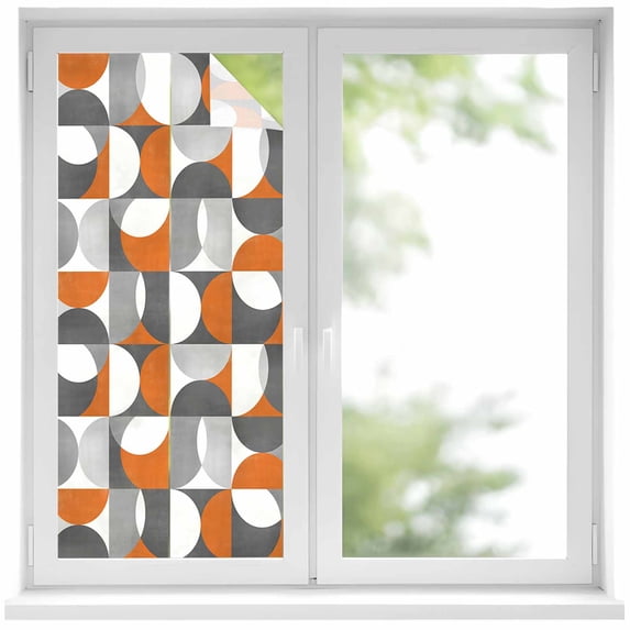 Retro Geometric Window Privacy Film Art Decor Orange Gray Semicircle Decorative Glass Window Film UV Blocking Static Cling Non-Adhesive Sticker Covering for Home Door 17.7 x 39.3 inches