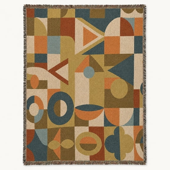 Retro Geometric Woven Cotton Throw Blanket with Fringe – Mid-Century Modern Design, 3 Sizes