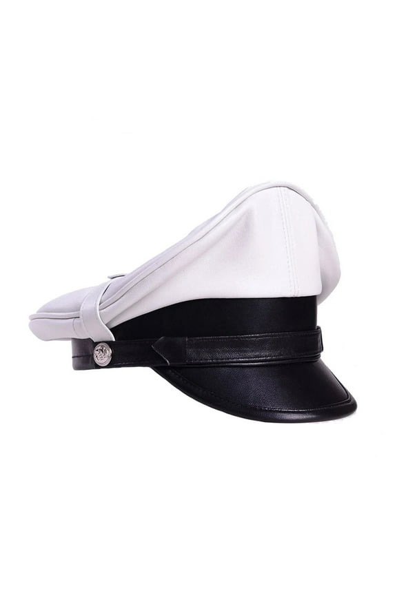 Retro German Hat For Men White Classic Real Leather Motorcycle Heavy Machine Knight Caps Male Punk Locomotive Officer General ,Durable Quality