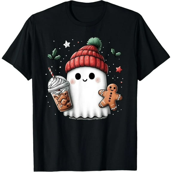 Retro Ghost Beanie Christmas T-Shirt, Cute Holiday Coffee Gingerbread Tee