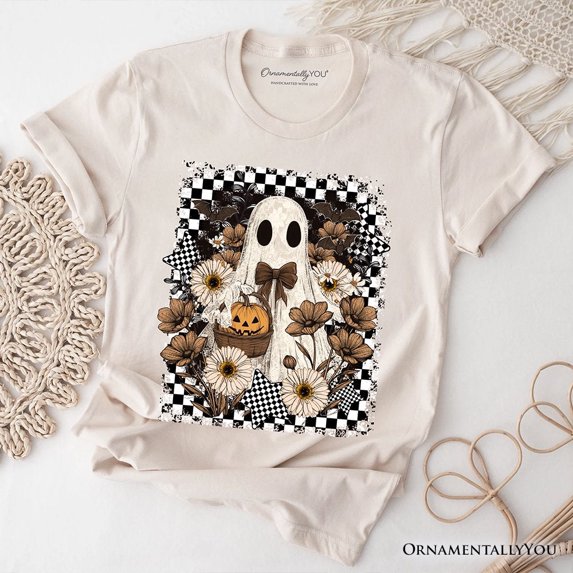 Retro Ghost Floral Halloween T-Shirt, Spooky Vintage Checkered Tee