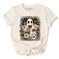 thumbnail image 1 of Retro Ghost Floral Halloween T-Shirt, Spooky Vintage Checkered Tee, 1 of 14