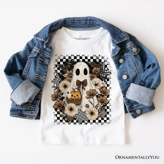 Retro Ghost Floral Halloween T-Shirt, Spooky Vintage Checkered Tee