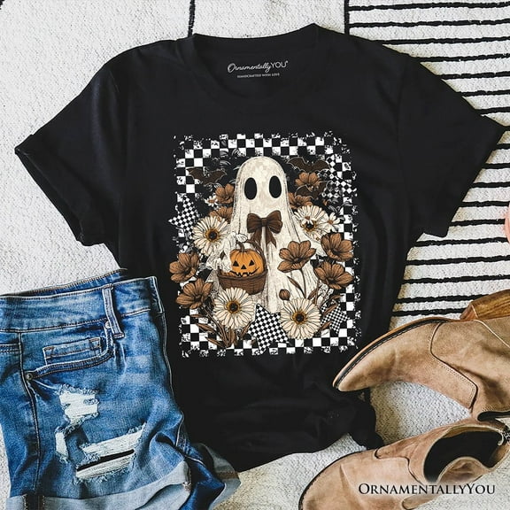 Retro Ghost Floral Halloween T-Shirt, Spooky Vintage Checkered Tee