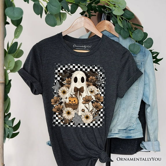 Retro Ghost Floral Halloween T-Shirt, Spooky Vintage Checkered Tee