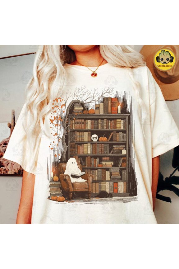 Retro Ghost Reading Books T-Shirt, Librarian Halloween Tee, Bookish Girl Fall Shirt, Boo School Teacher Graphic, Cute Ghost Nerd Top