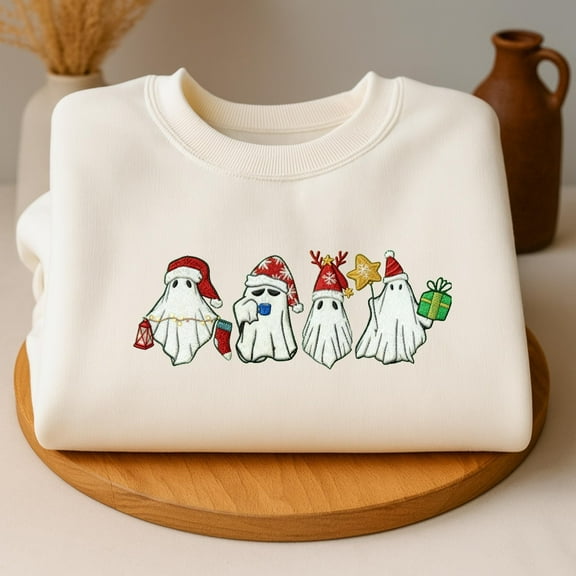 Retro Ghost Santa Embroidered Sweatshirt, Christmas Ghosts Sweatshirt, Christmas Sweatshirt , Cute Ghost Hoodie, Christmas Gift