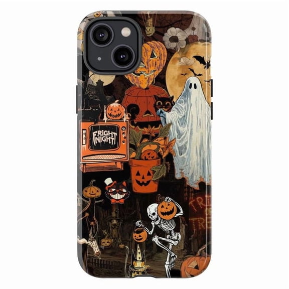 Retro Ghost and Skeleton Halloween Phone Case, Spooky Pumpkin Collage Phone Cover for iPhone 16 15 14 13 12 11 Pro Max Plus Mini