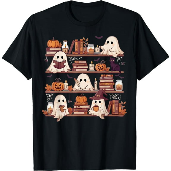 Retro Ghosts Reading Book Halloween Bookshelf Spooky Library T-Shirt,Black
