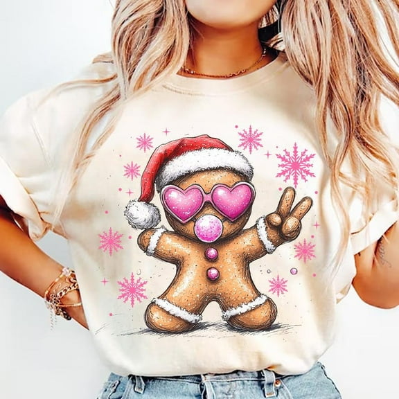 Retro Gingerbread Blowing Bubble Shirt, Pink Christmas Tee, Vintage Christmas Shirt, Santa Sunglasses Shirt