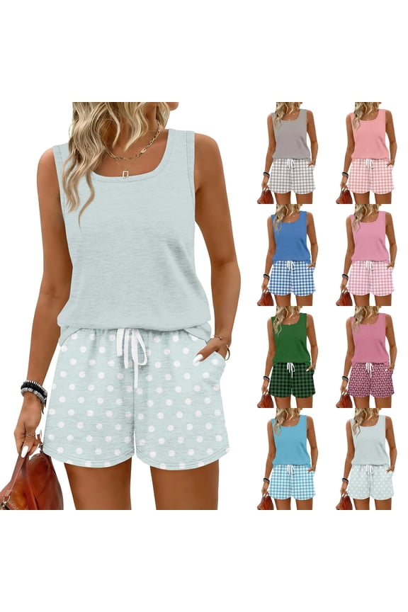 Retro Gingham 2 Piece Outfits for Women 2026 Summer Casual Sleeveless Tank and Shorts Set Elastic Waist Lounge Wear Light Blue L