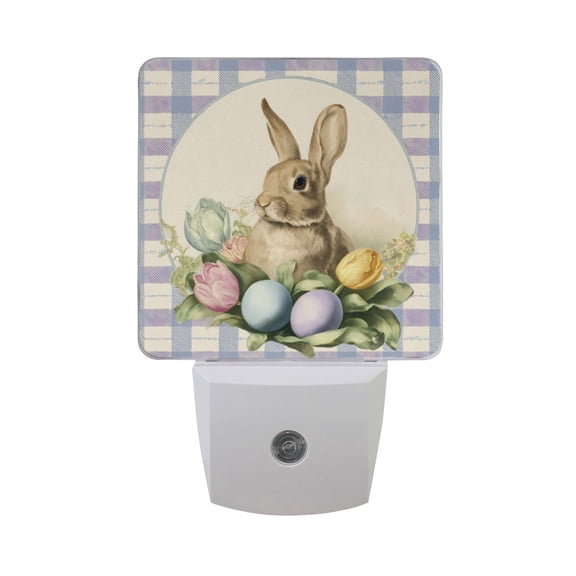 Retro Gingham Easter Eggs Tulips Rabbit LED Night Light Sensor Lamp Plug-in Adjustable Brightness 2 Pack