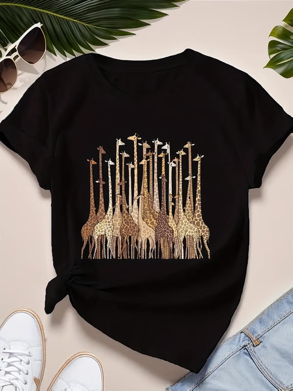 Retro Giraffe Graphic Tee - Cute Safari Animal Print T-Shirt for Women - Artistic Wildlife Nature Lover Top - Casual Short Sleeve Black Shirt